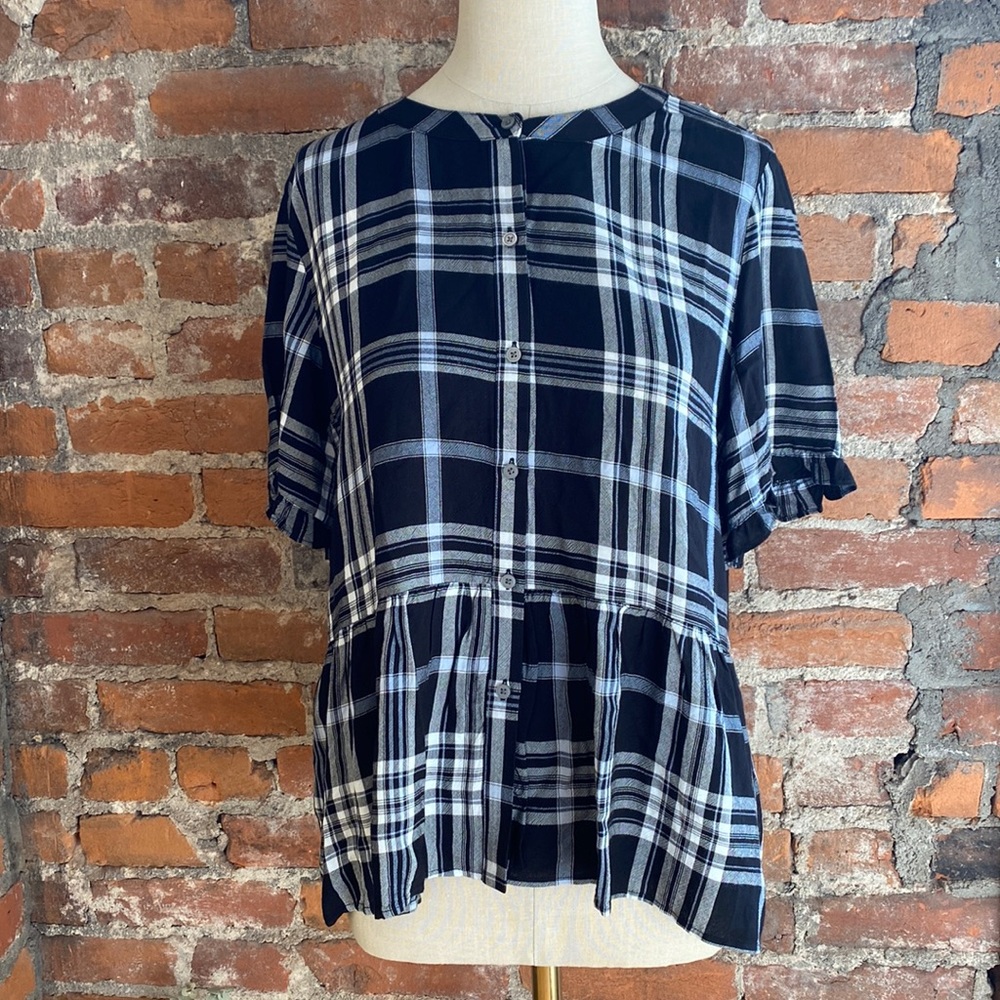LOFT Black and White Plaid Ruffle Top